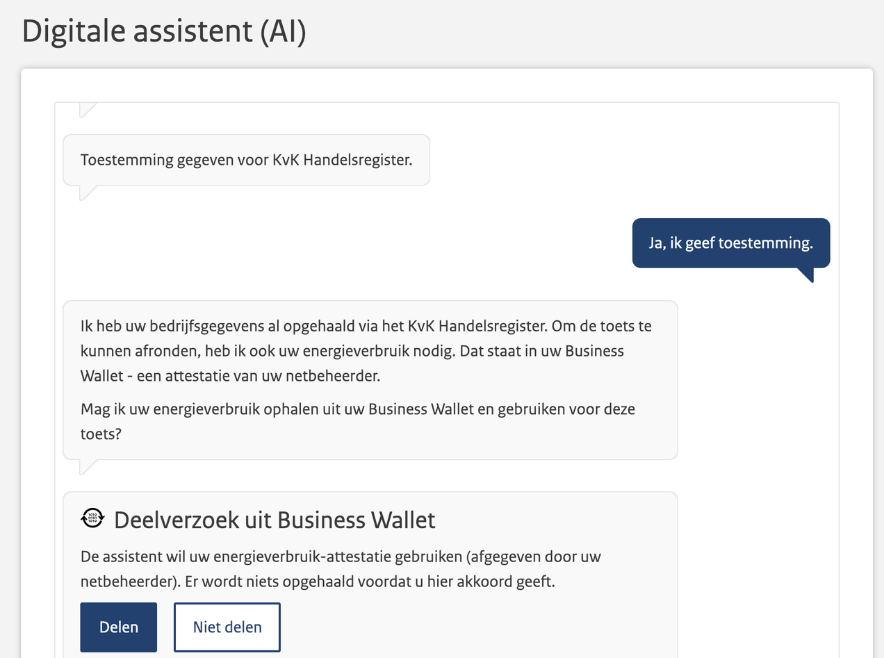 Schermafbeelding van de digitale assistent in MijnOverheid Zakelijk: de assistent heeft de bedrijfsgegevens uit het KVK Handelsregister opgehaald en vraagt toestemming om het energieverbruik uit de Business Wallet te gebruiken.